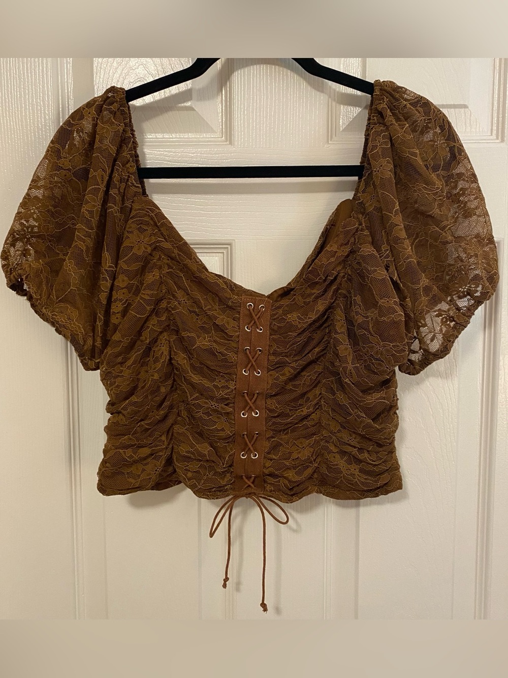 Brown Lace Ruched Puff Sleeve Crop Top